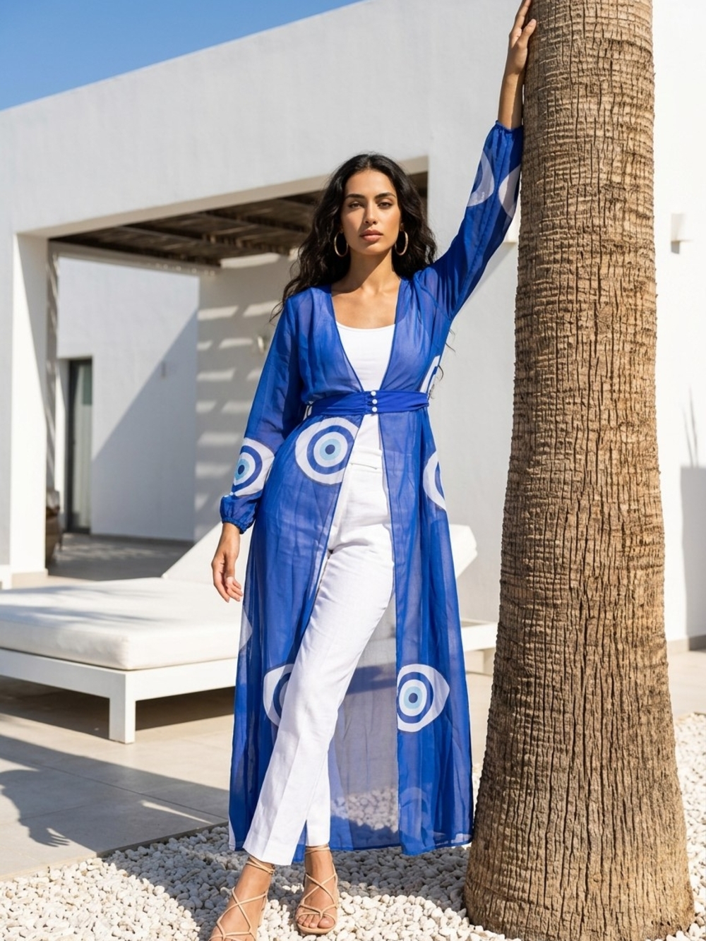Women’s Blue Sheer Maxi Swim Cover-Up with Graphic Circles